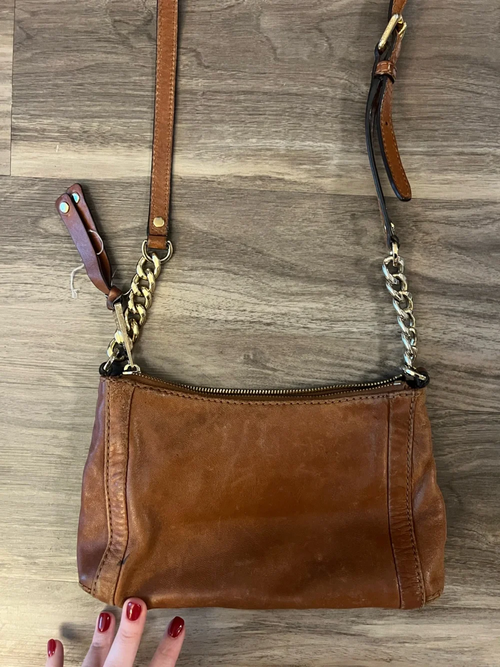 Michael Kors Tan Leather Crossbody Bag with Gold-Tone MK Medallion